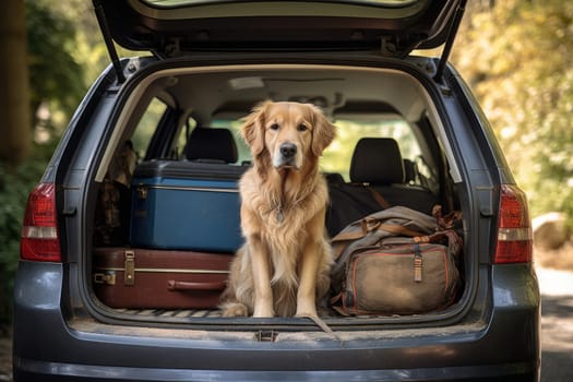 Road trip and vacation. Cute dog sitting in trunk of a car with luggage, AI Generated