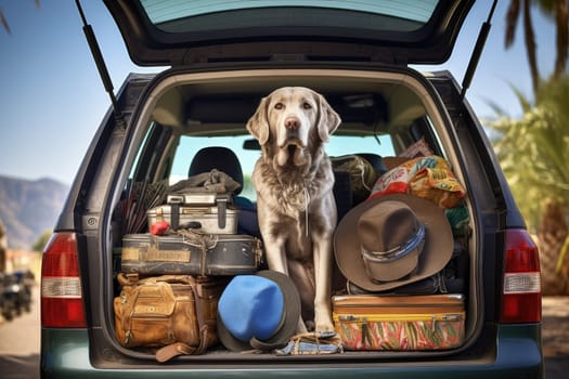 Road trip and vacation. Cute dog sitting in trunk of a car with luggage, AI Generated