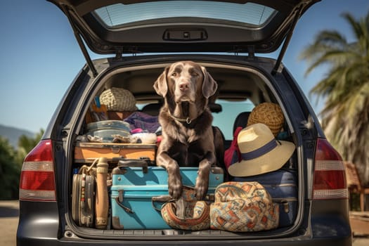 Road trip and vacation. Cute dog sitting in trunk of a car with luggage, AI Generated