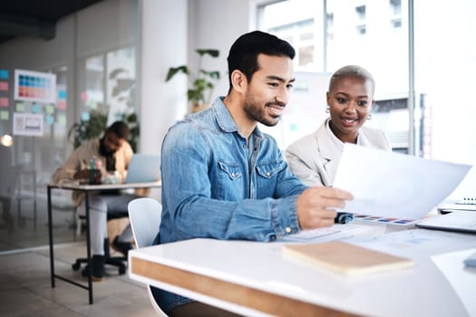 Office, business people and paperwork with sales strategy and communication at a company. Talking, collaboration and teamwork with brainstorming and data analysis of workforce with staff statistics.