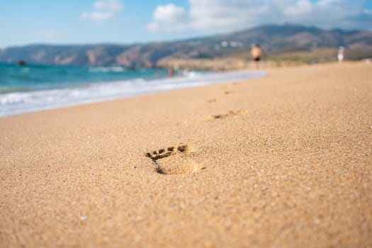 Footprints On Ocean Sandy Beach close up