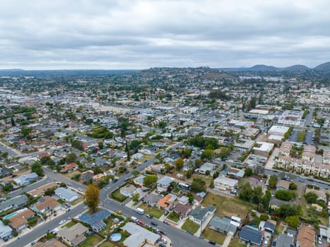 Aerial view of house with gray sky in La Mesa City in San Diego, California, USA