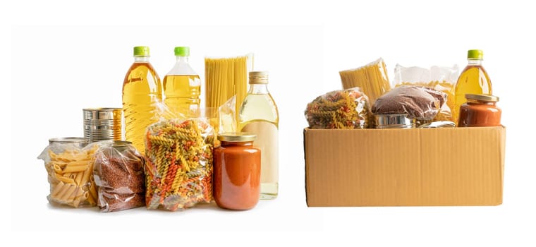 Foodstuff for donation, storage and delivery. Various food, pasta, cooking oil and canned food in cardboard box.
