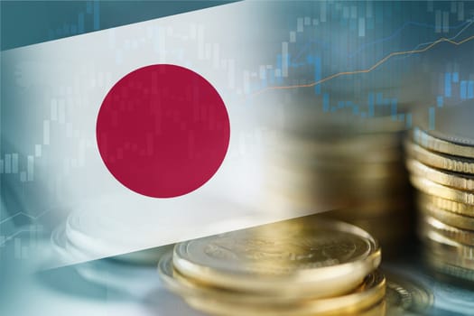 Stock market investment trading financial, coin and Japan flag or Forex for analyze profit finance business trend data background.