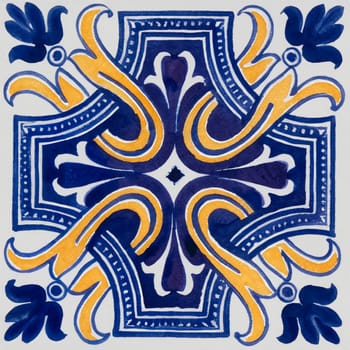 Watercolor illustration of portuguese ceramic tiles pattern. Single square tile.