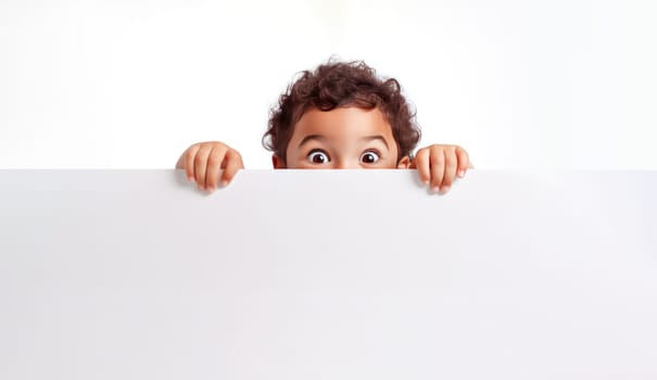 Surprized young black child hiding behind white advertisement board, Copy space for text or design, kid peeking out blank banner. Generative ai