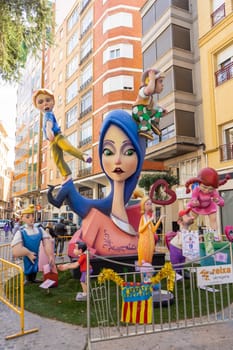 Burriana, Spain 18-03-2023: View of the sculpted monument for its exhibition and its burning in the Burriana fallas festivities.