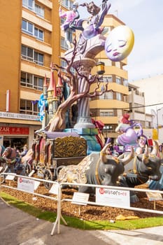 Burriana, Spain 18-03-2023: View of the sculpted monument for its exhibition and its burning in the Burriana fallas festivities.