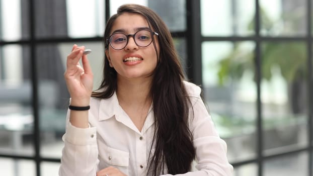 Portrait woman in office, happiness and online research for small business administration.