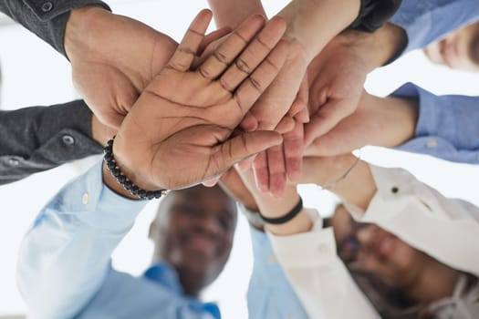Success team concept, bottom view, business teamwork coming together in the office, generative ai