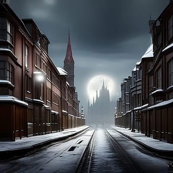 Immerse yourself in the ethereal charm of a Victorian city street, transformed by a beautiful blanket of snow. This AI-generated image captures the magic of a moonlit night, where buildings stand tall amidst a gentle mist, while people navigate the urban landscape. Let the serene glow of the moonlight guide you through this enchanting winter scene.