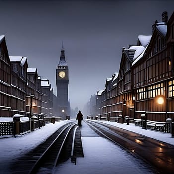 Step into the past with this AI-generated image of a Victorian street scene in London, blanketed in a mystical layer of snow. Wander through the mist-filled city as a solitary figure strolls along the historical streets, creating an enchanting atmosphere. In the backdrop, the iconic Big Ben stands tall, illuminating the night sky and painting a picturesque scene. Immerse yourself in the charm of a bygone era, where the urban landscape comes alive with the hushed whispers of history.