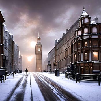 AI generated image of people walking along a city of London street covered in snow in Victorian time. Big ben is visible in the background.