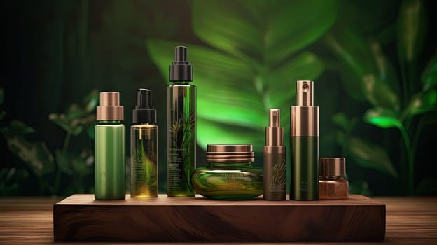 Elegant cosmetics on a rustic wooden podium photo realistic illustration - Generative AI. Bottle, jar, wooden, podium, foliage.