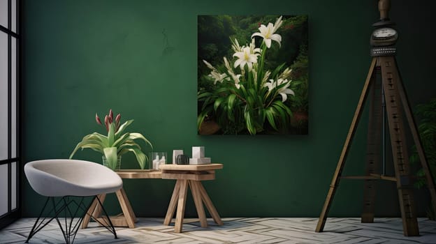 Harmonious blend of nature and beauty photo realistic illustration - Generative AI. Picture, wooden, stand, book, lamp.