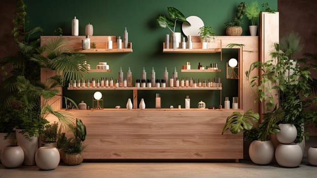 Cosmetics exhibition featuring a wooden podium photo realistic illustration - Generative AI.