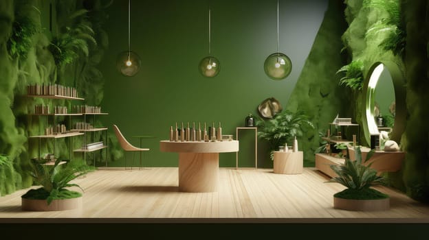 Cosmetics exhibition featuring a wooden podium photo realistic illustration - Generative AI.