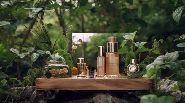 Cosmetics presentation on a wooden stand photo realistic illustration - Generative AI. Cosmetics, bottle, wooden, stand, foliage.