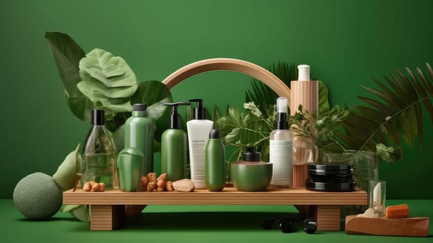 Wooden podium with cosmetix products photo realistic illustration - Generative AI. Bottle, jar, tube, wooden, podium, foliage.