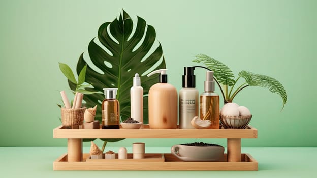 Wooden podium with cosmetix products photo realistic illustration - Generative AI. Bottle, jar, tube, wooden, podium, foliage.