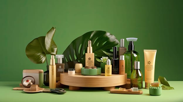 Wooden podium with cosmetix products photo realistic illustration - Generative AI. Bottle, jar, tube, wooden, podium, foliage.