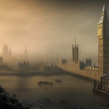 This awe-inspiring photograph captures a breathtaking aerial view of the world-renowned Westminster and Big Ben in the heart of London, UK. Bathed in the ethereal glow of a misty evening, the scene is transformed into a captivating masterpiece. The tranquil atmosphere is heightened by the soft light of the moon, casting a mystical aura over the iconic landmarks. The mist adds an enchanting touch, creating an almost dreamlike quality to the composition. From the vantage point above, the grandeur of Westminster Abbey and the timeless elegance of Big Ben can be fully appreciated. The panoramic perspective allows the viewer to immerse themselves in the architectural beauty that defines London's skyline.