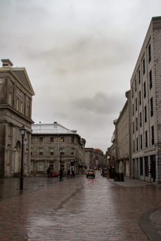 Empty streets on Saint Paul Street near Bonsecours Market on a rainy day, Old Montreal, Montreal, Quebec Province, Canada