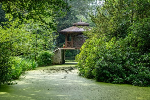 beautiful wooden pagoda in a park with ponds and gardens with green trees and potter flowers here and there