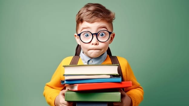 Stylish little boy in glasses with backpack looking at camera and holding books on green background. Back to school. Generative Ai