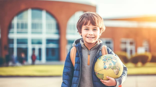 Little boy with backpack and globus looking at camera school building on background. Back to school. Generative Ai