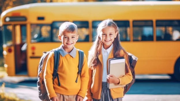 Little girl and boy with backpacks and books looking at camera yellow school bus on background. Back to school. Generative Ai