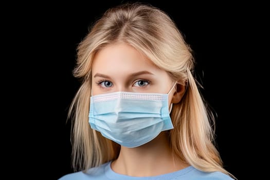 An image of a young, blonde female doctor wearing a medical mask for protection