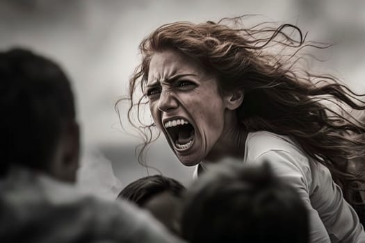 An impactful image capturing a woman's intense anger and frustration amidst a bustling crowd