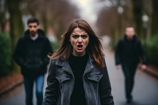 An impactful image capturing a woman's intense anger and frustration amidst a bustling crowd