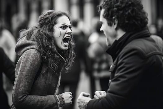 An explosive image capturing a heated exchange as a woman passionately yells at a man during a heated dispute