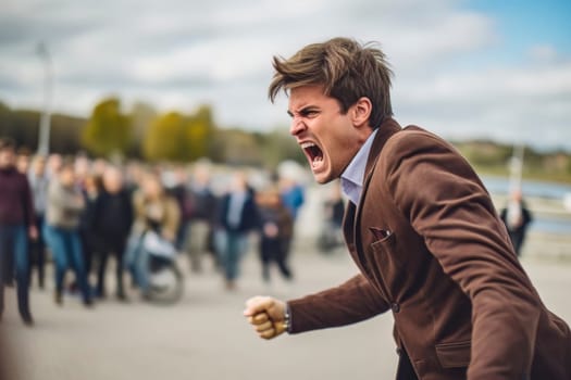 A passionate young man expressing his anger and frustration through shouting and gesturing