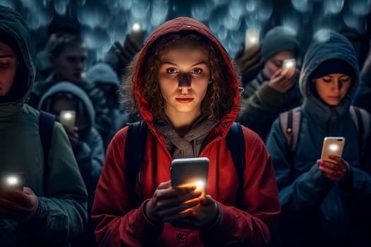 An illustrative image of a girl using a smartphone, isolating herself from society, representing the detrimental effects of social media on intellectual engagement.