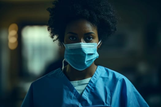 An impactful image capturing healthcare workers of color wearing medical masks as they walk in the city during a pandemic.