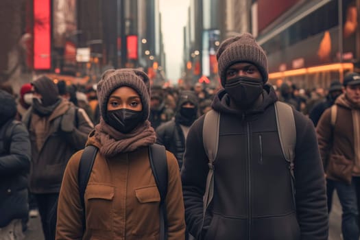 A compelling image capturing people of color wearing medical masks as they navigate the city during a pandemic.