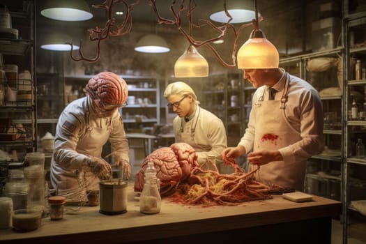 A thought-provoking image depicting a dystopian scenario of brainwork being conducted in a clinical setting.