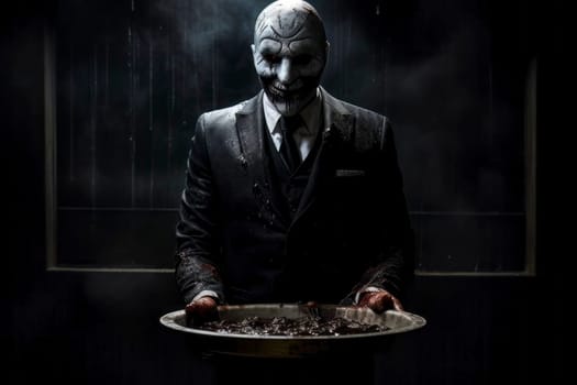 A chilling image portraying a demonic figure holding a platter brimming with blood, evoking a sense of horror and darkness.