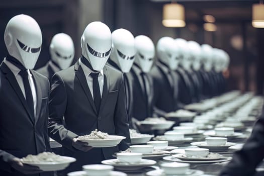An intriguing image featuring a cyborg patiently waiting in line at a buffet, blending humanity with technology.