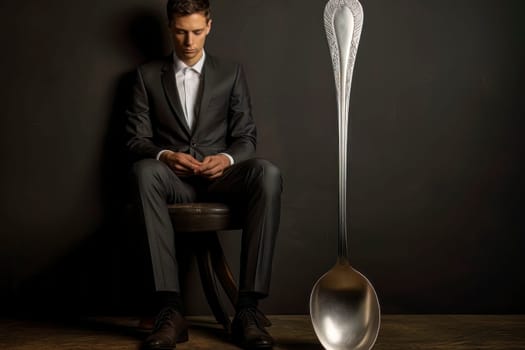 Intriguing surreal art of a seated, melancholic man with an oversized spoon