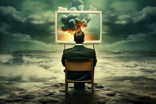 Bizarre art of man engrossed in TV by the sea, oblivious to nuclear blast.