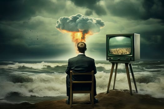 Bizarre art of man engrossed in TV by the sea, oblivious to nuclear blast.