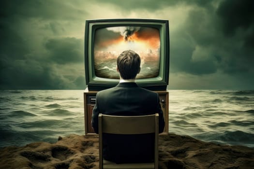 Bizarre art of man engrossed in TV by the sea, oblivious to nuclear blast.