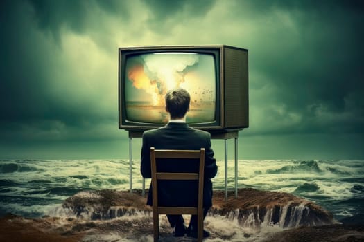 Bizarre art of man engrossed in TV by the sea, oblivious to nuclear blast.