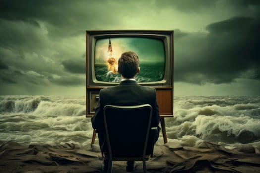 Bizarre art of man engrossed in TV by the sea, oblivious to nuclear blast.