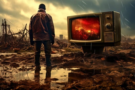 Provocative surreal image depicting a television causing planetary ruin with untruths.