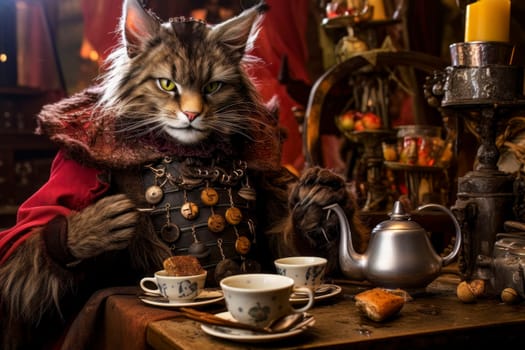 An enchanting image capturing a cat immersed in a fairytale world, sipping tea with whimsical delight.